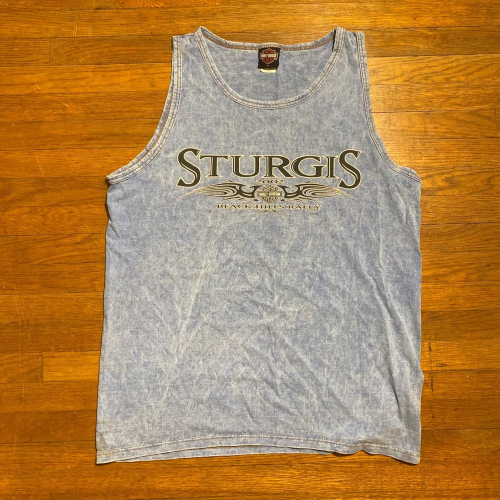 Vintage Harley Davidson Sturgis 2002 Black Hills Rally Tank Top Blue Acid Wash L